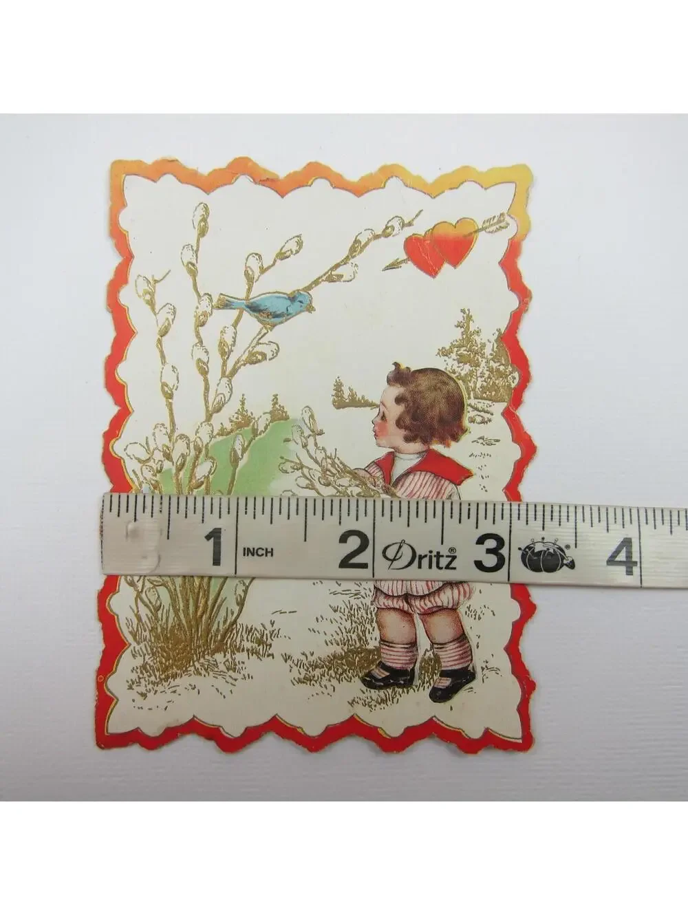 Valentine Card Boy Sailor Suit Blue Robin Bird Embossed Die cut Bifold Antique